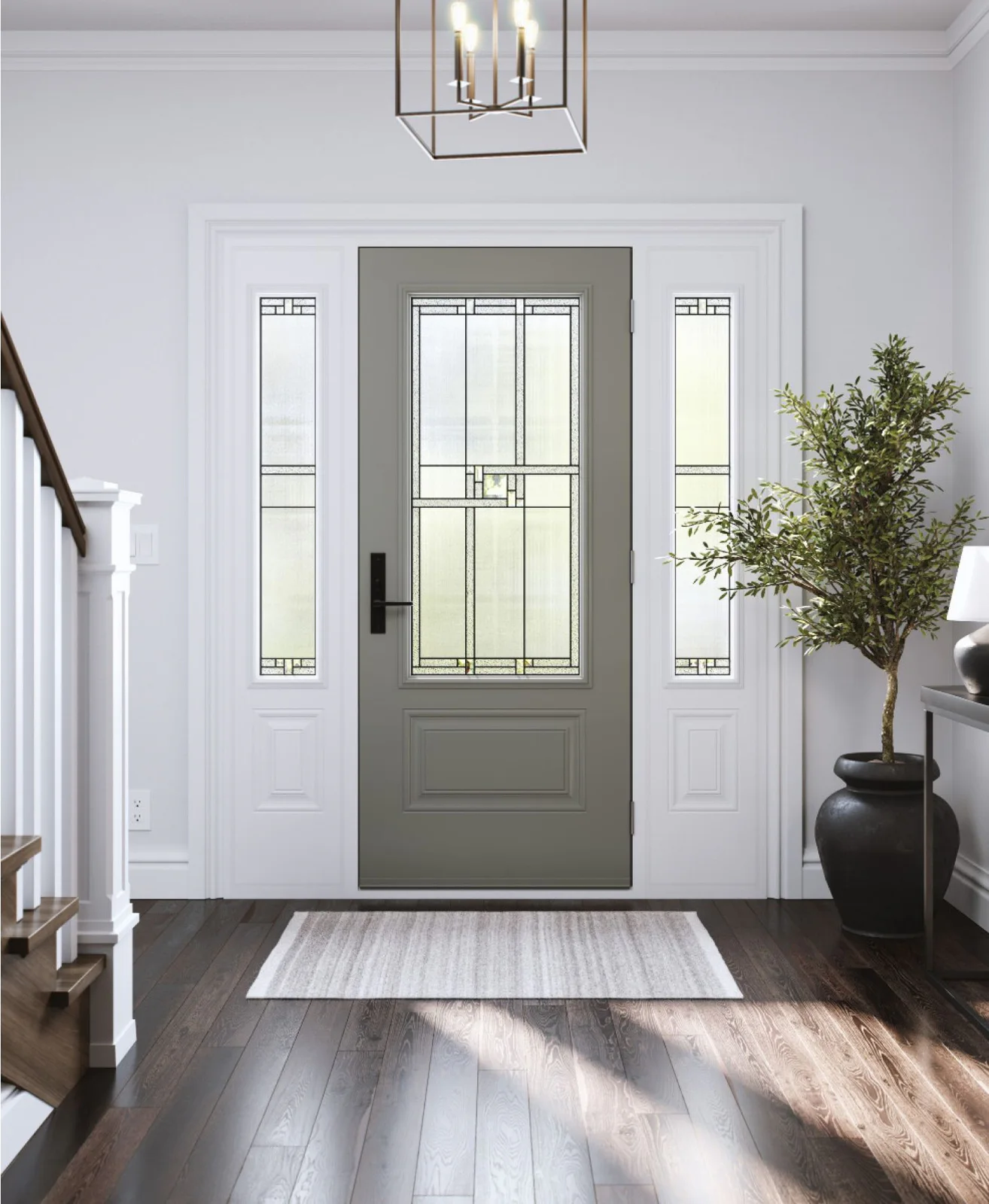 Geometric high-privacy door glass shown in a complete entrance
