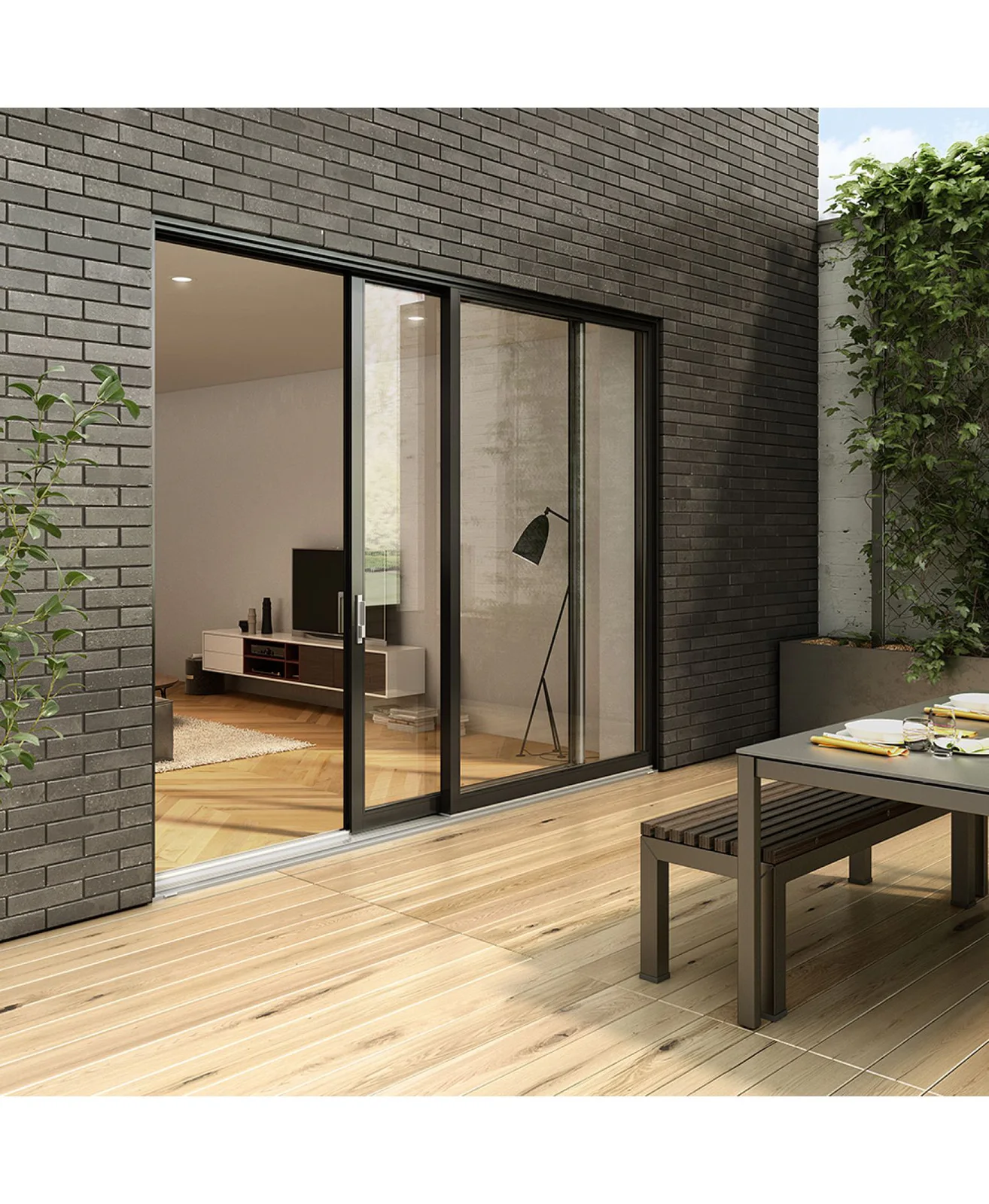 Slim-frame aluminum patio door connecting an interior and patio