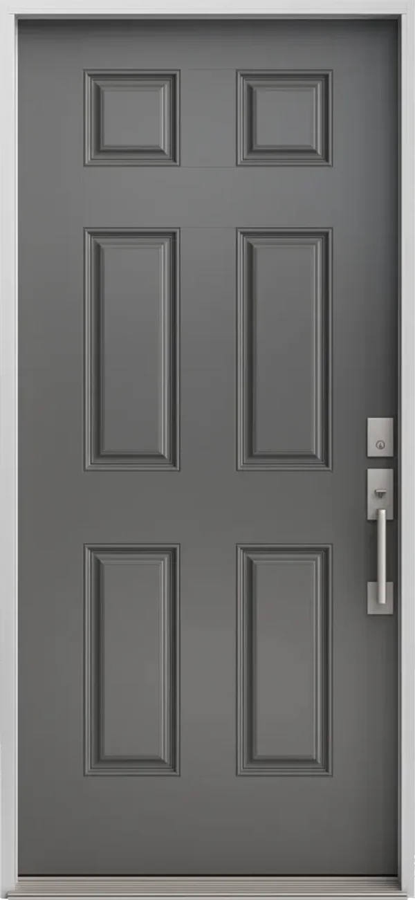 Complete traditional six-panel fiberglass entry door