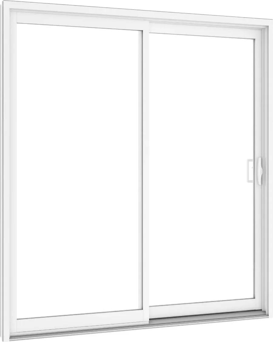 Complete white PVC sliding patio door frame with two panels