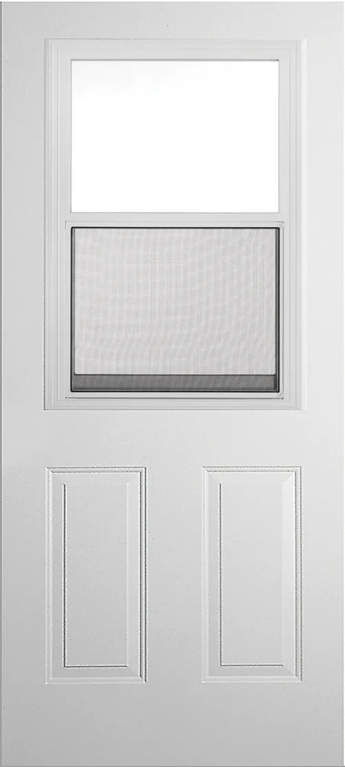 White two-panel entry door with a clear upper pane and screened venting insert
